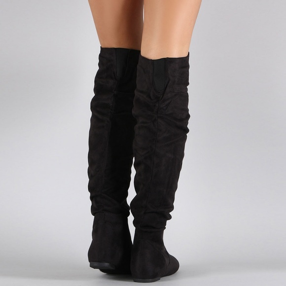 NEW๐ฅ Black Slouch Baggy Over The Knee OTK Flat Boots Pull-On Faux Suede - Picture 3 of 3